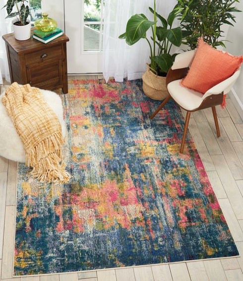 2' X 6' Blue And Yellow Abstract Power Loom Non Skid Area Rug